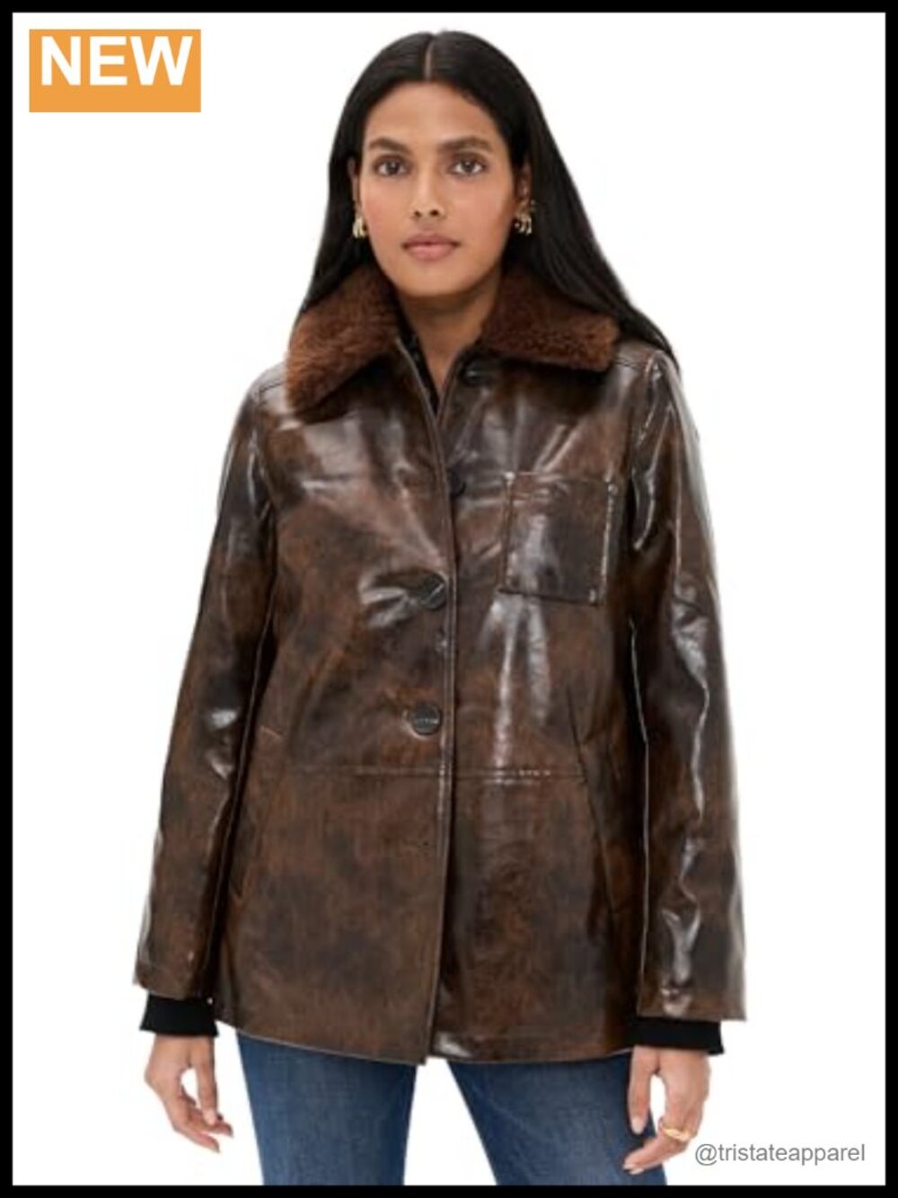 Women's Faux Leather Relaxed Aviator Jacket with Faux Fur Collar, Heavyweight